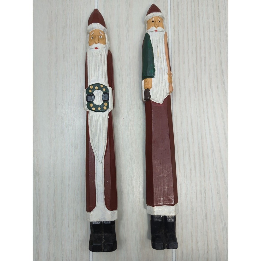 Tall thin Pencil Santa pair Wooden primitive folk art wreath free toy sack READ